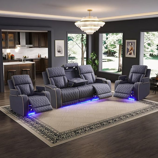 Power Leather Recliner Sofa Set with LED Light,Reclining Sofa and 2*Chairs Set with Coffee Table/USB Charger/Storage,Luxury Leather Couch for Living Room/Home Theater(3+1+1 Seats,Matte Navy)