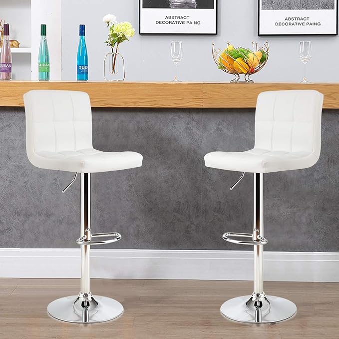 COSTWAY Adjustable Bar Stools Set of 2, Modern Swivel PU Leather Bar Chair with Backrest, Soft Cushioned Seat, Footrest, Sturdy Metal Frame, Comfortable Barstools for Kitchen Island, Pub, White