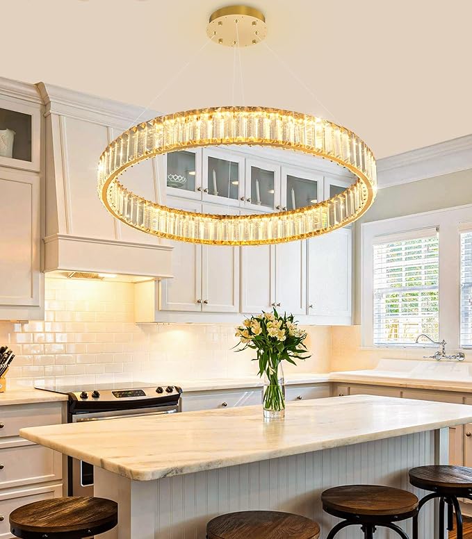 24'' Modern Ring Chandelier Crystal Chandeliers for Dining Room Round LED Dimmable Ceiling Light Fixture for Living Room Bedroom Lighting Gold