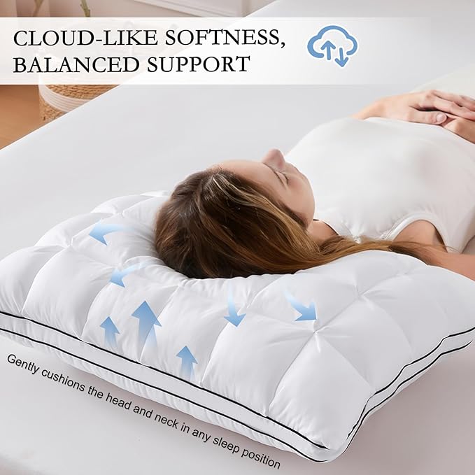 YOUR MOON Soft Support Pillow Queen Size Set of 2, 100% Cotton Cover Noiseless Pillows, Fluffy Down-Alternative Pillow for Sleeping, Luxury Hotel Bed Pillows for Side Sleepers (White)