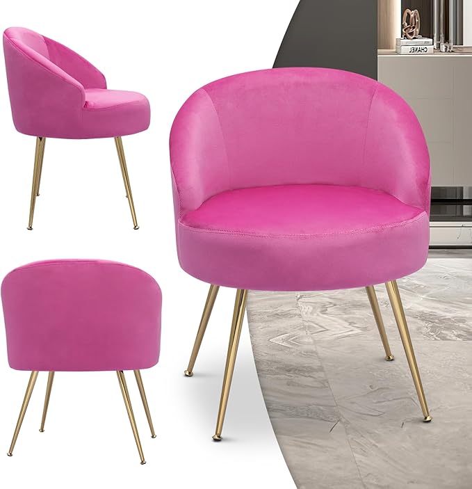 MoNiBloom Upholstered Velvet Accent Chair Girl's Pink Vanity Chair, Mid-Century Modern Barrel Chair w/Golden Metal Legs, Retro Leisure Reading Comfy Lounge Chair for Living Room Bedroom