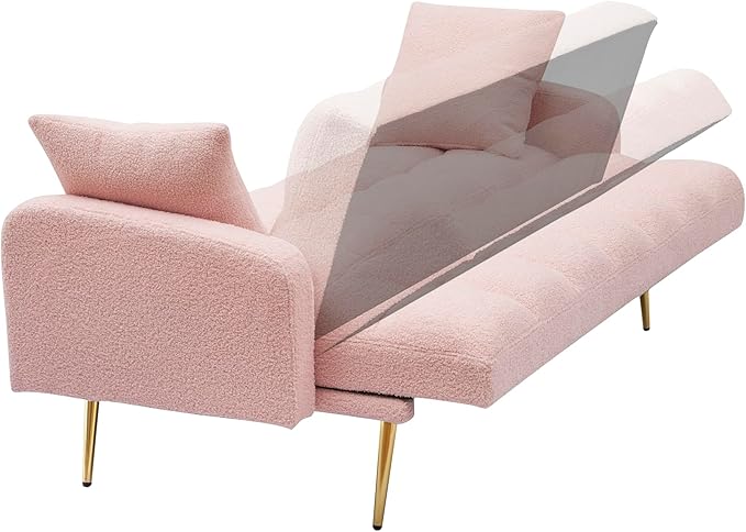 Eafurn Padded Convertible Futon Sofa Bed, Teddy Fleece Fabric Futons Loveseat Couch with Adjustable Backrest, Folding Sleeper Recliner Sofabed for Living Room Furniture | Golden Legs, Wood Frame