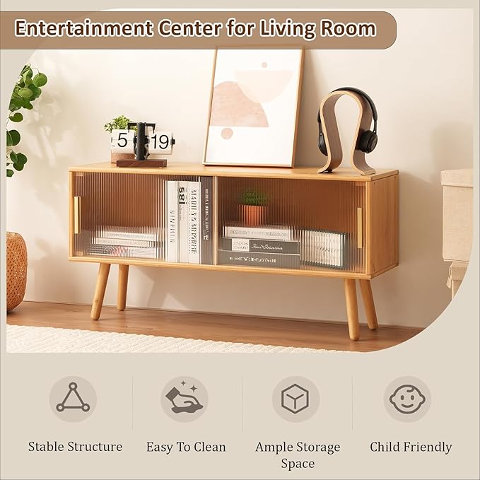 Bamboo TV Stand for TVs up to 50 Inches, Entertainment Center with 2 Sliding Acrylic Doors for Gaming Console, Modern Accent TV Console Cabinet for Living Room Bedroom (39.4)