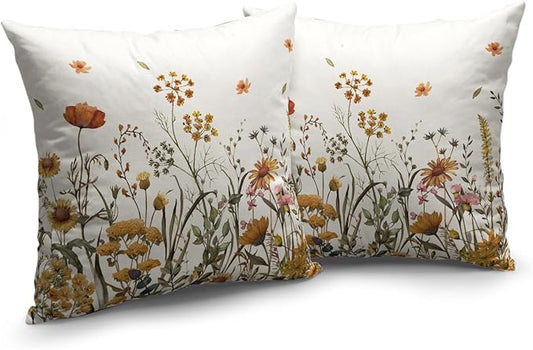 Fall Floral Outdoor Pillow Covers 18x18 Set of 2 Burnt Orange Wild Flowers Throw Pillows Case Autumn Colored Wildflower Decorative Farmhouse Cushion Covers for Sofa Couch