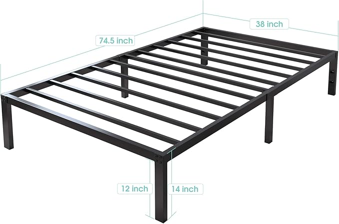 14 Inch Tall 3500lbs Heavy Duty Metal Bed Frame/with Storage/Mattress Foundation/Steel Slats Platform/Noise Free/No Box Spring Needed,Twin