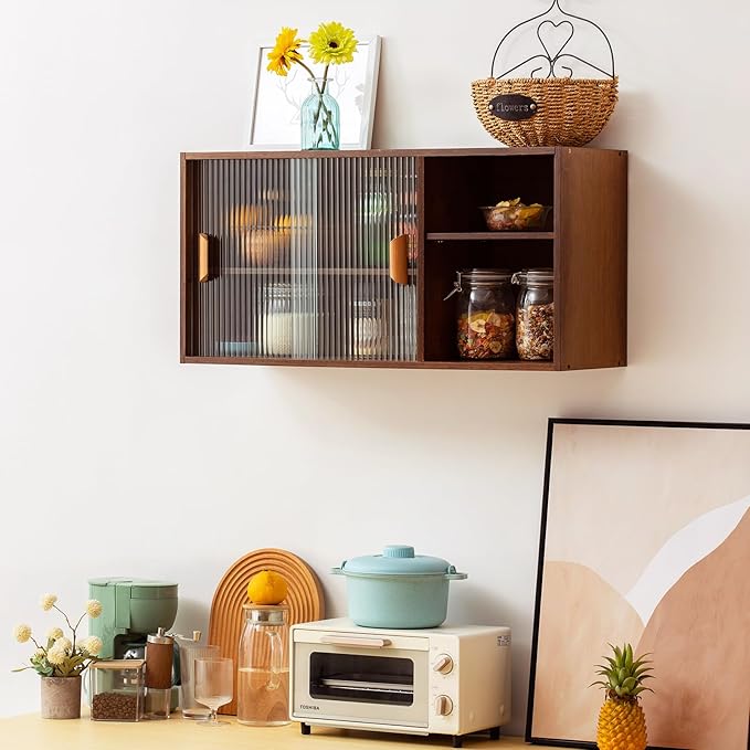 Tiita Small Kitchen Pantry Cabinet, Bamboo Wall Sideboard with Glass Doors, Cupboard Food Pantry Cabinet for Kitchen, Living Room and Dinning Bedroom