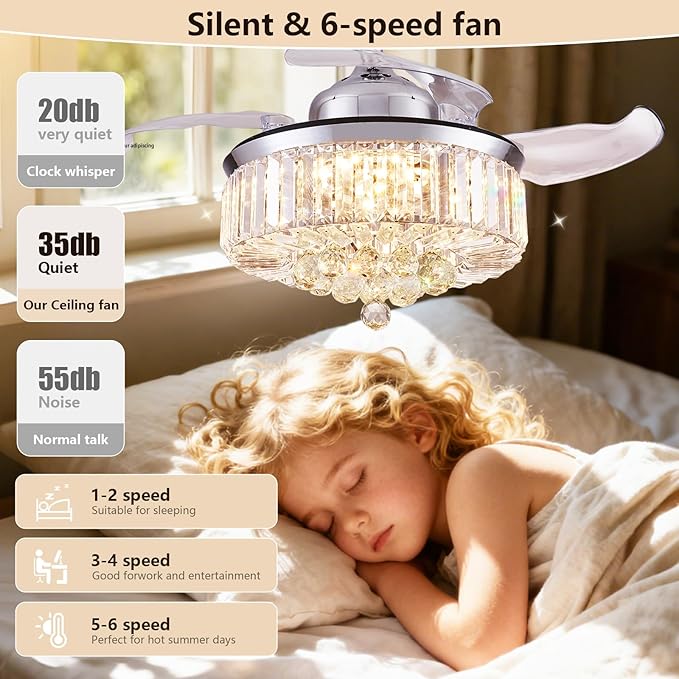 DuMaiWay 48" Dimmable Fandelier Crystal Ceiling Fan with Lights and Remote Modern Invisible Retractable Blades Chandelier Ceiling Fan Light Kit for Bedroom Living Room -Polished Chrome