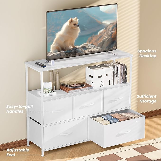 NEWBULIG 5 Drawer TV Stand with Wood Top, Entertainment Center for 45 inch TVs & Fabric Storage Organizer, Adjustable Feet, for Bedroom & Living Room,White02