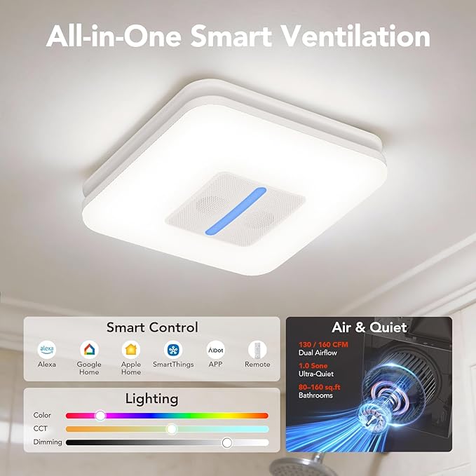 OREiN Matter Smart Bathroom Fan with Light – Humidity Sensor & Dual Bluetooth Speakers, 130–160 CFM Ventilation, Ultra-Quiet 1.0 Sone, Tunable White & Custom RGB, Works with Alexa & Google Home