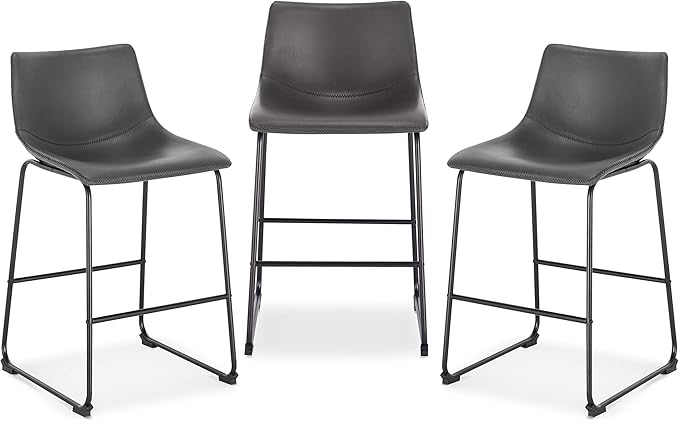 POLY & BARK Brinley Counter Stool Set of 3 – Modern Armless Counter-Height Stools with Gently Curved Backrest and Wood Legs – Gray – Faux Leather Seating for Kitchen Island or Breakfast Bar