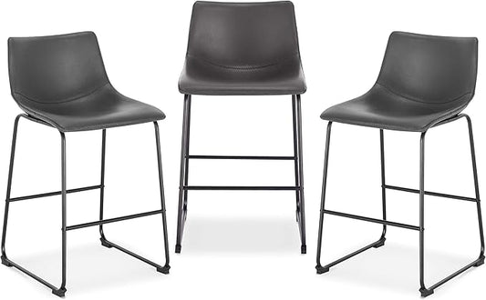 POLY & BARK Brinley Counter Stool Set of 3 – Modern Armless Counter-Height Stools with Gently Curved Backrest and Wood Legs – Gray – Faux Leather Seating for Kitchen Island or Breakfast Bar