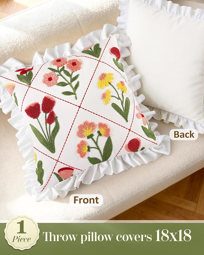 Embroidered Throw Pillow Cover - 18x18 Decorative Pillow Cover with Zipper Aesthetic Cute Design Boho Spring Summer Throw Pillowcase for Living Room Couch Sofa Bed, Ruffle Floral
