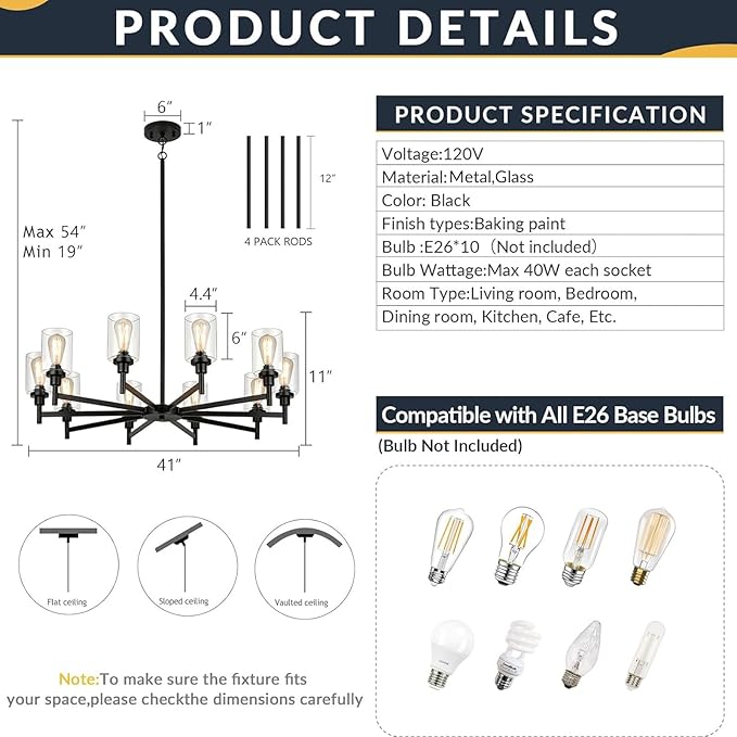10 Light Large Black Farmhouse Chandelier | Rustic Chandeliers for Dining Room Light Fixture | Industrial Hanging Lighting with Clear Glass Cover for Living Room | Foyer | Staircase | Villa