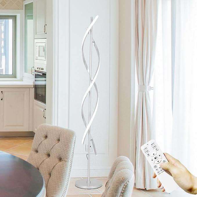 Tall Modern Floor Light Lamp for Living Room,Dimmable Spiral Corner Bedside Lamp with Rmoete for Bedroom,LED 3 Color Floor Lamp with Foot Switch for Dining Room(Silver)