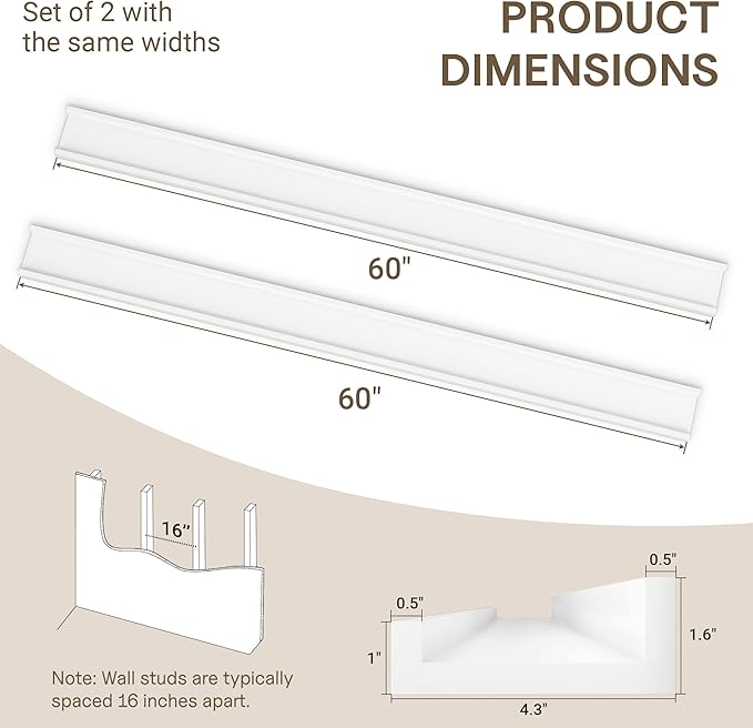 Fun Memories Long Wall Shelves Set of 2-60 Inch Floating Shelves for Wall - Picture Ledge Shelf with Lip for Storage - Wall - Mounted Shelves for Bedroom - Living Room - Kitchen - White Color