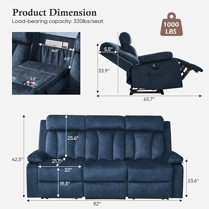 Power Recliner Sofa with Heat&Massage, Electric Reclining Couch with Multi-Function Console/USB Ports/Type C, Wall Hugger 3 Seater-Sofa Recliner, Reclining Sofa Couch for Living Room