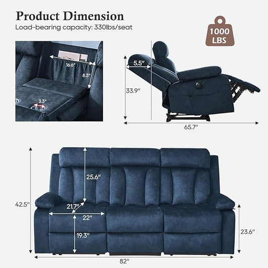 Velvet Power Reclining Sofa Set, Electric Recling Couch with Massage & Heat/Console/Cup Holder/USB & Type C, Modern Living Room Furniture Sofa Set (Blue, 3+2 Seat)