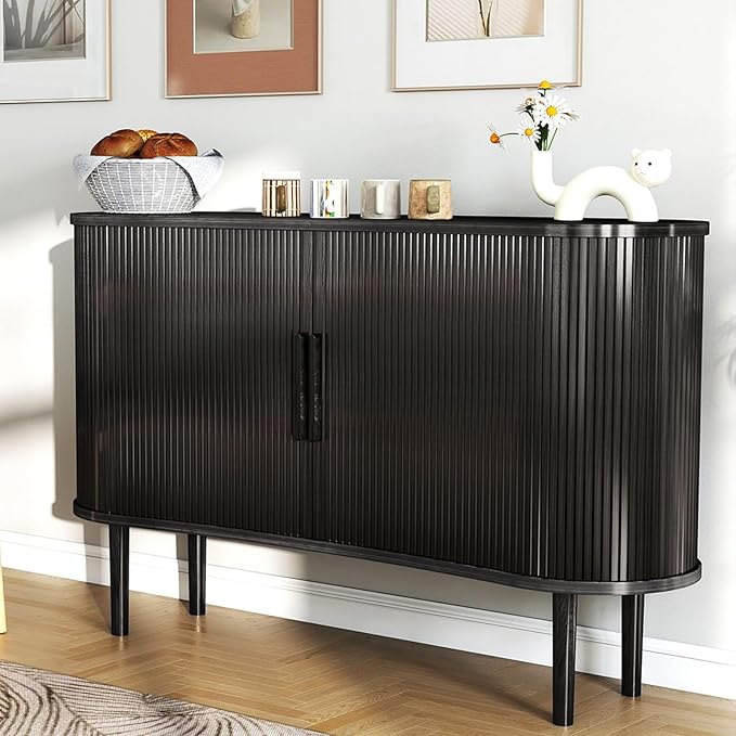 Mid-Century Modern Sideboard Buffet Cabinet, 55" Storage Cabinet with 4 cabinets, Decorative Fluted Sliding Doors for Bedroom Dining Room Small Space, Walnut Finish, Black