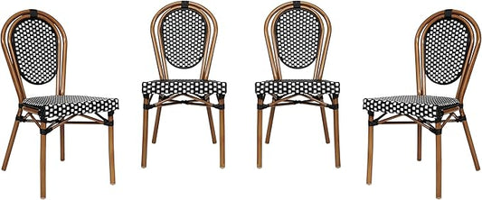 Flash Furniture Lourdes Indoor/Outdoor Commercial Thonet Bistro Stack Chair - Black/White PE Rattan Back and Seat - Natural Bamboo Print Metal Frame - 4 PK