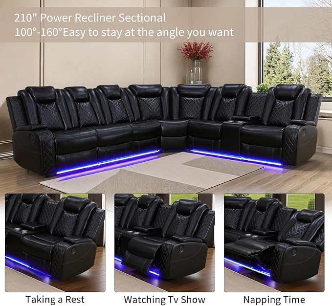 Power Recliner Sofa Sectional Couches with LED Light,Leather Reclining Corner Sectional Sofa Set with 2 Recliner Seats,Cup Holder,Storage Console for Living Room,Black