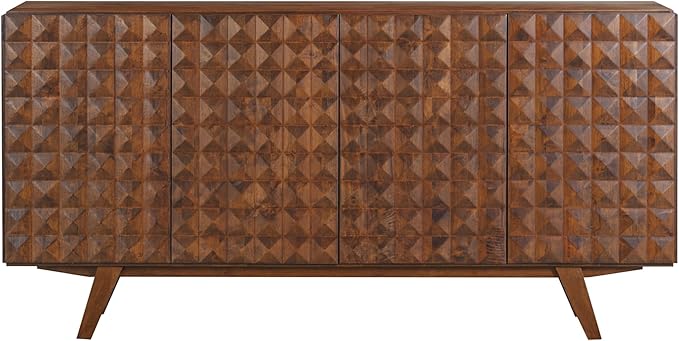 NTC Sapa Mid-Century Modern Solid Wood Sideboard – 4-Door Accent Buffet Cabinet with Carved Geometric Fronts, for Living Room, or Entryway, Effortless Assembly, Dark Walnut