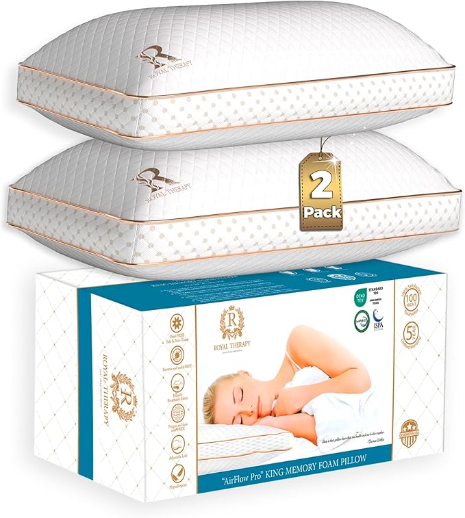 Royal Therapy 2-Pack King Memory Foam Pillow, Adjustable Shredded Odor-Free Bed Pillow for Neck & Shoulder Pain Relief, Breathable Support for Back, Stomach, Side Sleepers, AirFlowPRO