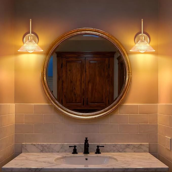 Wall Sconce Set of 2, Gold Vintage Light Fixtures with Round Amber Glass Lampshade, Hardwired Sconces Wall Lighting for Bedroom, Bathroom, Living Room | Includes 2 LED Bulbs