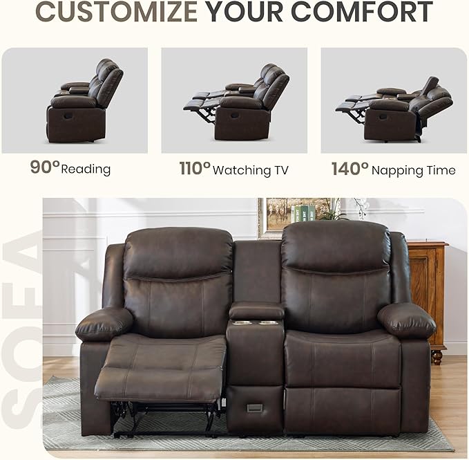 Manual Reclining Sofa Set, Double Recliner Loveseat and 3-Seater Sofa for Living Room, Faux Leather Upholstery with Sturdy Frame & Soft Cushions (Brown)