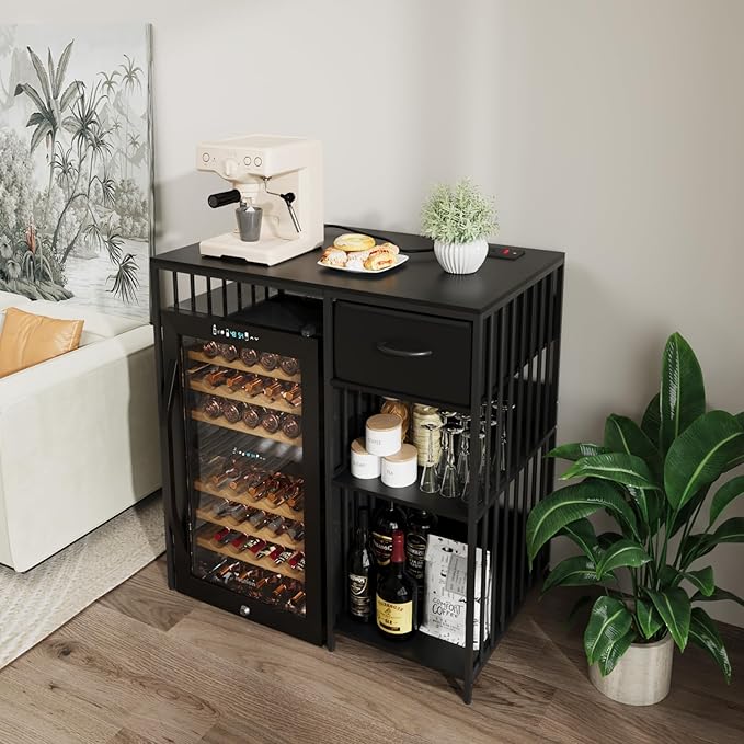 VOWNER Mini Fridge Cabinet with Power Outlet, 3-Tier Industrial Style Kitchen Microwave Stand Baker Rack with Drawer, Utility Storage Shelf for Home Kitchen Dorm Office, Black, 35" Lx22 Wx37 H