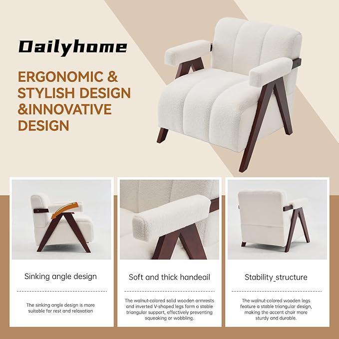 Accent Chairs Set of 2 Mid-Century Modern with Wide Backrest for Bedroom, Upholstered Living Room Chair with Wooden, Lounge Armchair with Thick Cushion, Cute Teddy Comfy Chair, Ivory