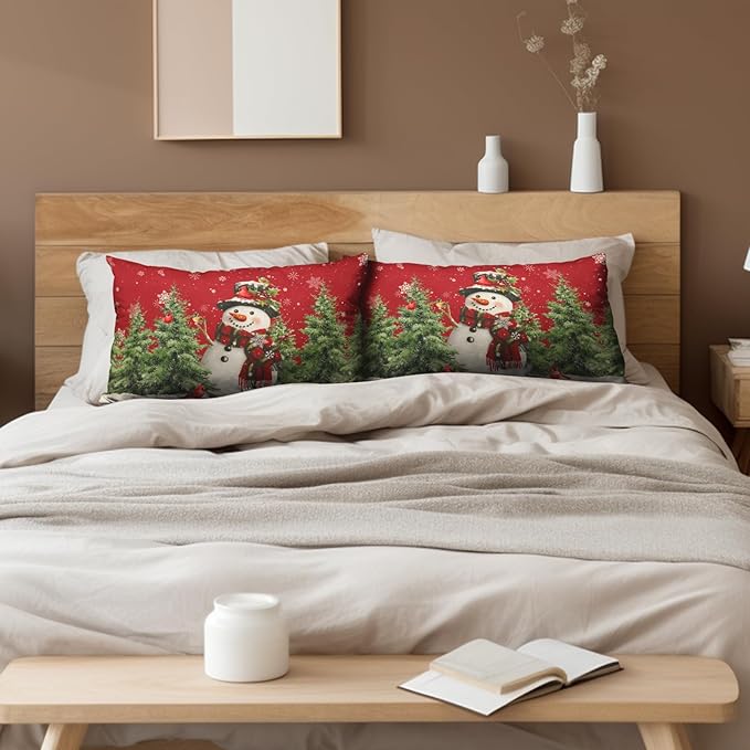Winter Snowman Pillow Covers 12x20 Set of 2 Red Winter Lumbar Throw Pillow Covers Xmas Snowman Cardinal Snowy Pine Tree Pillow Case Winter Outdoor Pillowcases for Living Room Couch Sofa