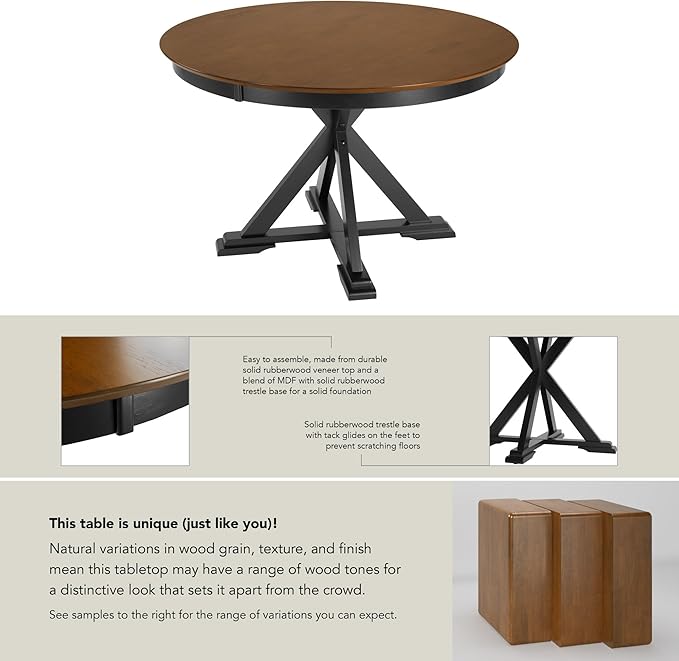 Bush Home Round Dining Table, 45 inch Trestle Design, Modern Transitional, West End Collection, Dark Brown and Black