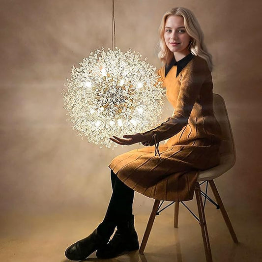 Crystal Chandelier, Firework Modern Beaded Chandeliers, Dandelion Gold Pendant Lamp, Hanging Lighting Fixture for Bedroom, Dining Room, Kitchen, Farmhouse, Hallway, Foyer, 22" Gold 12 Lights