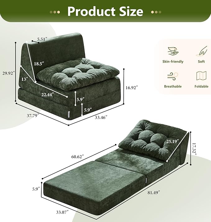 Hobestluk Sofa Couch Folding Sofa Bed Comfy Floor Lounger Convertible Sofa with Removable Cushion Couches for Small Spaces Foldable Mattress for Living Room Bedroom or Office (Chenille Green, Large)