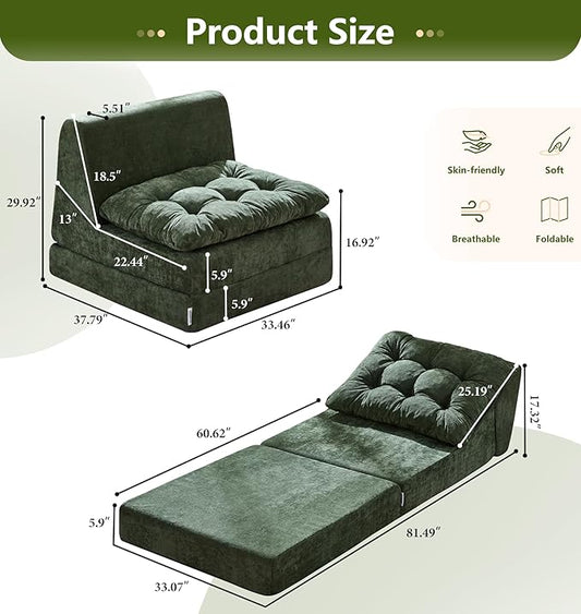 Hobestluk Sofa Couch Folding Sofa Bed Comfy Floor Lounger Convertible Sofa with Removable Cushion Couches for Small Spaces Foldable Mattress for Living Room Bedroom or Office (Chenille Green, Large)