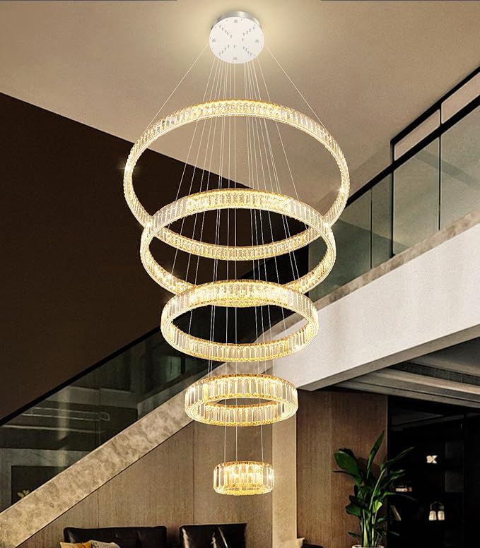 Large Ring Crystal Chandelier Modern Dimmable Chandelier High Ceiling Chandelier Round LED Ceiling Light Fixture for Foyer Long Stair Big Chandelier Silver 8''+16''+24''+32''+40''