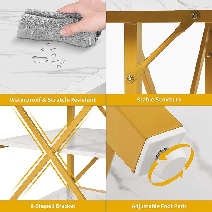 DWVO Dining Room Table 47 Inch Rectangle Dining Table for 4 People Modern Kitchen Table White Marble Dinner Table with Storage Shelf and Glod Metal Legs for Home Apartment White and Gold