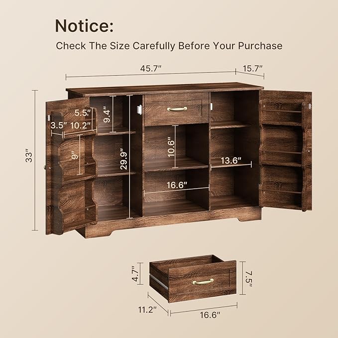 Gizoon Kitchen Sideboard Buffet Cabinet with Storage Coffee Bar Cabinet with Drawer, Kitchen Pantry Storage with Door and Shelves for Bathroom and Living Room, Dark Brown