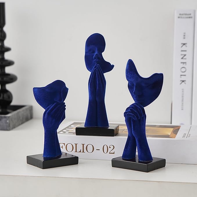 3 Pcs Navy Blue Decor Prayer Statues for Living Room Decor, Flocked Prayer of Peace Figurines Shelf Decor Accents, Abstract Sculptures for Bedroom Bookshelf Coffee Table Decor, Gifts for Women