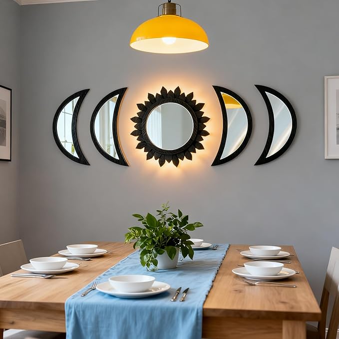 5 Pieces Moon Phase Mirror Wall-Mounted Wall Decor Mirrors Natural Wooden Sunburst Bohemian Wall Art for Home Living Room Bedroom Decoration