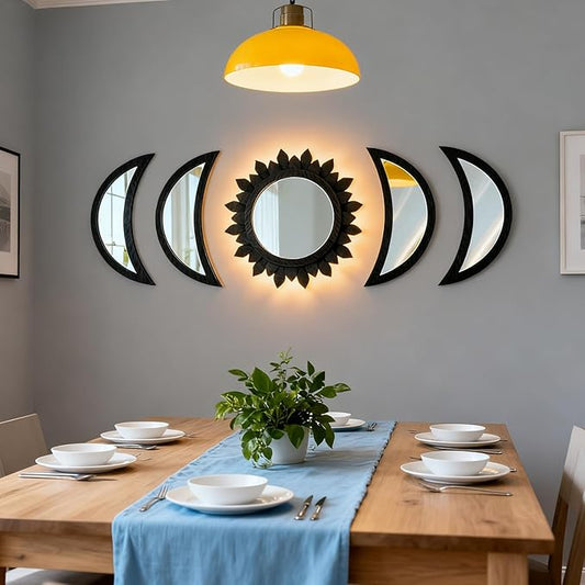 5 Pieces Moon Phase Mirror Wall-Mounted Wall Decor Mirrors Natural Wooden Sunburst Bohemian Wall Art for Home Living Room Bedroom Decoration