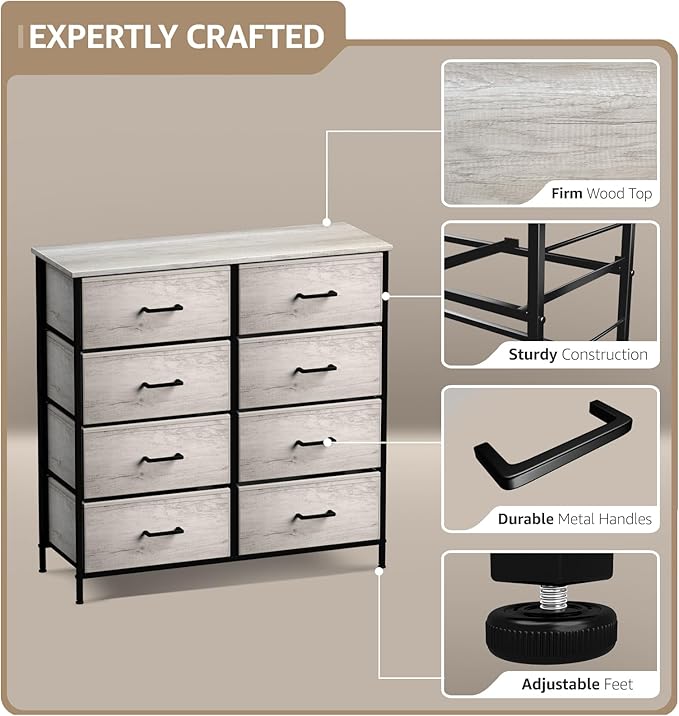 Sorbus Dresser with 8 Faux Wood Drawers - Chest Organizer Unit with Steel Frame Wood Top & Handle Easy Pull Fabric Bins for Clothes - Storage Furniture for Bedroom, Hallway, Living Room & Closet