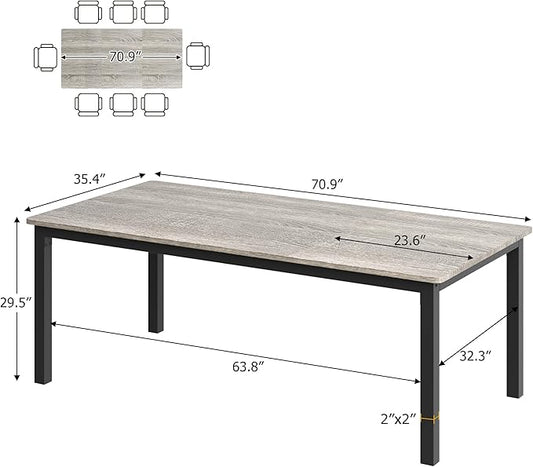 Garvee 70.9 in Dining Table for 6, Farmhouse Wooden Kitchen Tables for Family, Rectangular Industrial Style Dining Room Table with Sturdy Metal Frame, Long Desk for Restaurant, Kitchen, Office,Grey