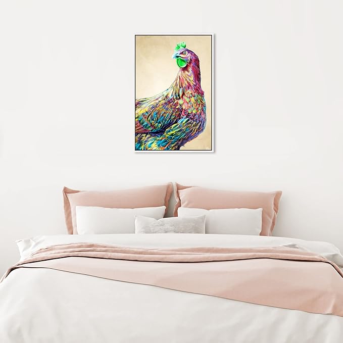 Country Farmhouse Canvas Print Painting Animal Wall Art 'Fun Colorful Glam Rooster' White Framed Canvas Rustic Home Décor 16x24 in Pink, Green by Oliver Gal