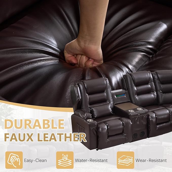 SAMERY Recliner Sectional Couch, Power Reclining Sectional Sofa, Wall Hugger Recliners RV Couch with Corner Couch, Flip-Backrest, Lift-Top Table, Ambient Lights, USB, Faux Leather, Brown | Extra Wide Seat, Plush Padding, Dual Power Recline, Lift-Up Tab...