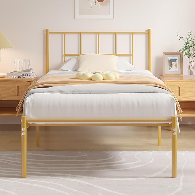 VECELO Twin Metal Platform Bed Frame with Headboard, Heavy Duty Steel Slat Support, Under Bed Storage,No Box Spring Needed, Easy Assembly