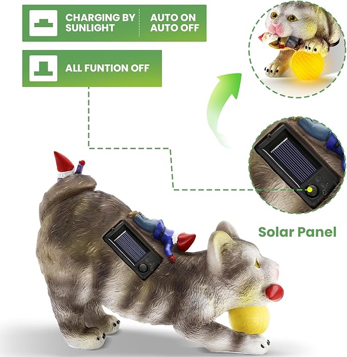 Lovinland Solar Garden Statues - Outdoor Decor - Solar Garden Gnomes & Cat Statues - Funny Cat Eating Gnome Figurine - Unique Birthday & Housewarming Gifts
