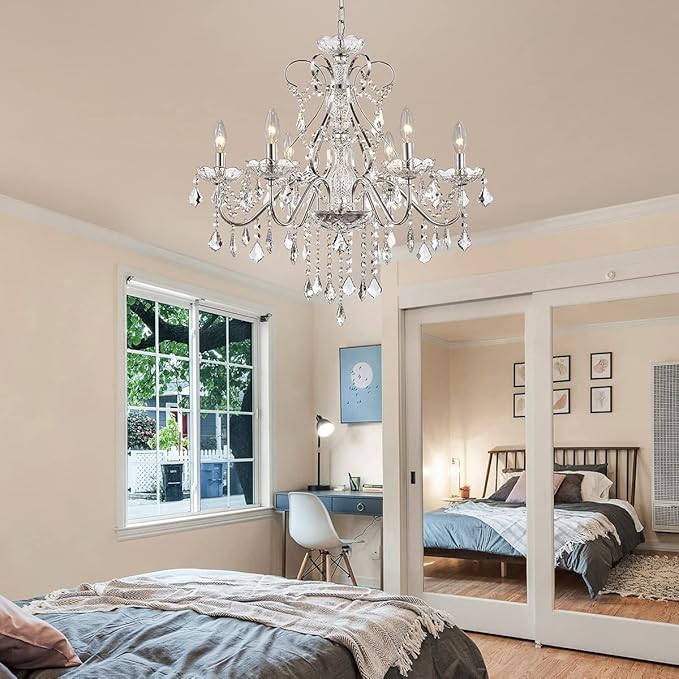 Saint Mossi 6 Light Crystal Chandelier Light Fixture Modern Chandelier Pendant Lighting, Chrome Pendant Raindrop Chandelier for Dining Room,Bedroom,Living Room,H23 x D24