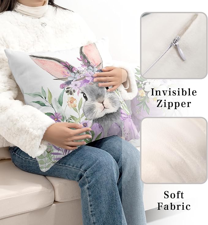 Easter Pillow Covers Floral Cross He is Risen Throw Pillow Covers 24x24 Set of 2 Purple Bunny Rabbit Eggs Pillow Cases Spring Decorative Pillowcases for Bedroom Sofa Holiday Decor