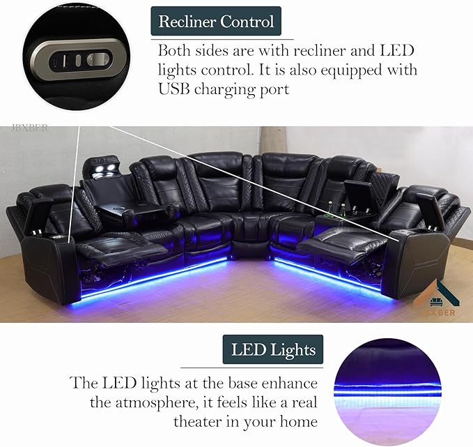 Power Recliner Sectional Sofa Set, Black Leather Sectional Couch for Living Room, L Shape Reclining Sofa with Cup Holder, Hidden Storage, Drop-Down Table for House(6 Seat)